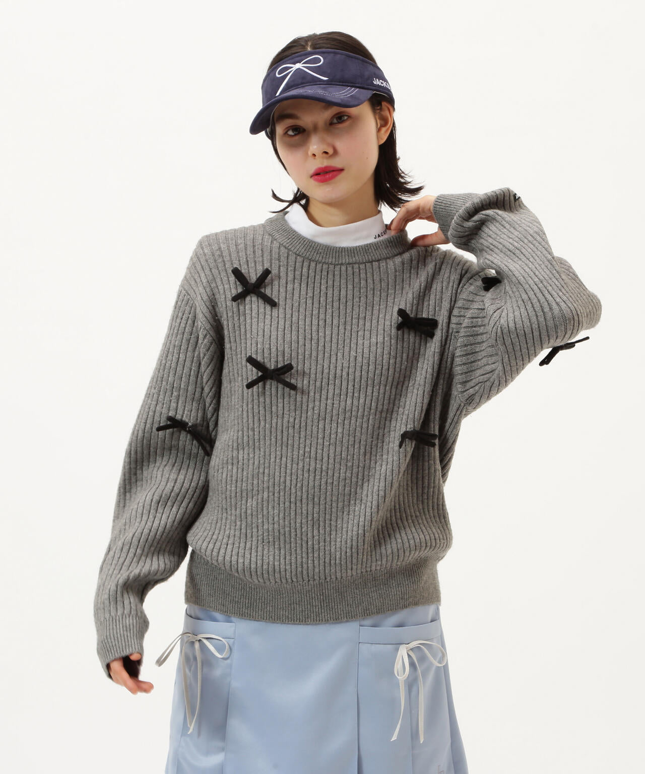 7G2PLY袋編み リボン付きクルーネックニットプルオーバー