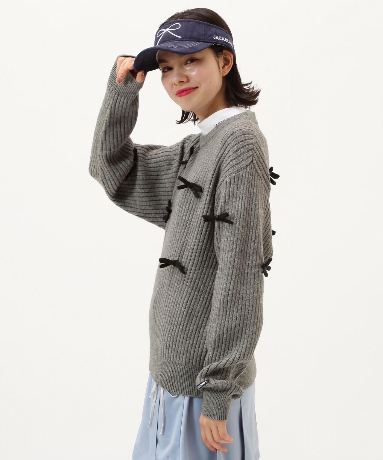 7G2PLY袋編み リボン付きクルーネックニットプルオーバー