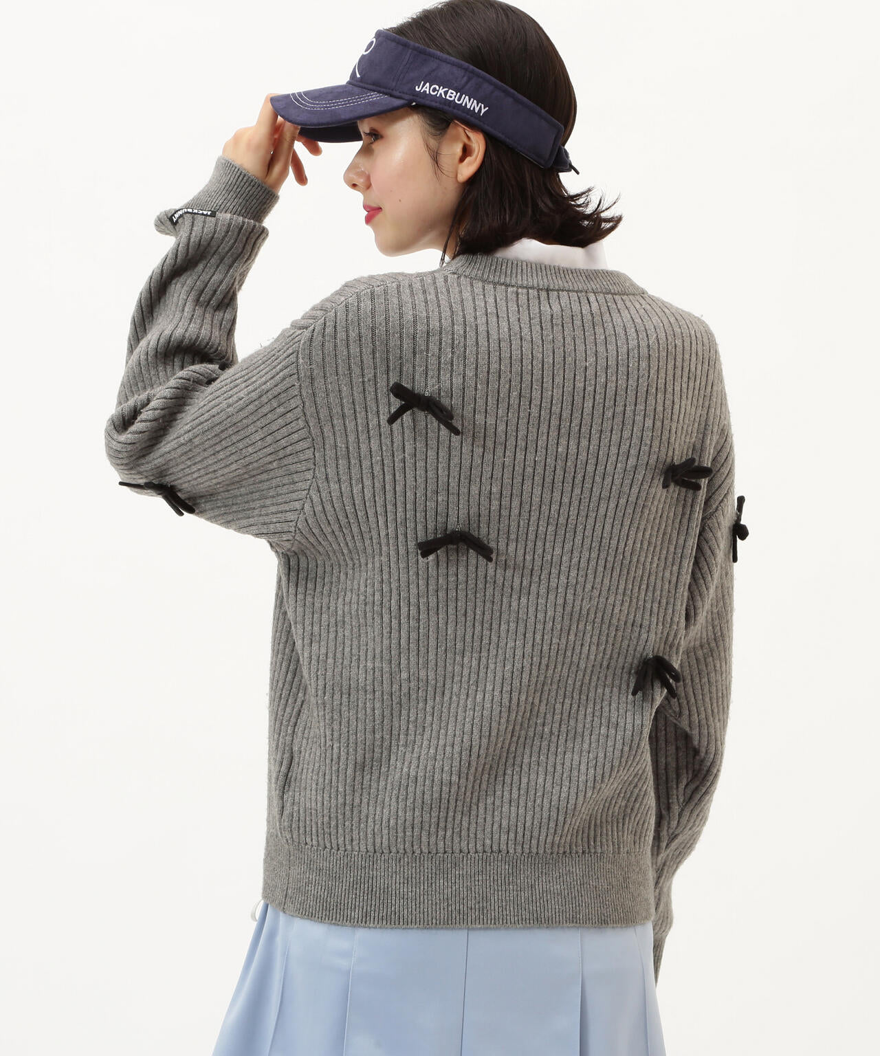 7G2PLY袋編み リボン付きクルーネックニットプルオーバー