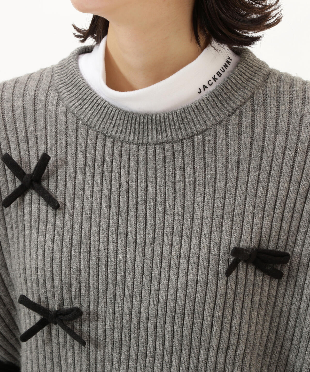 7G2PLY袋編み リボン付きクルーネックニットプルオーバー