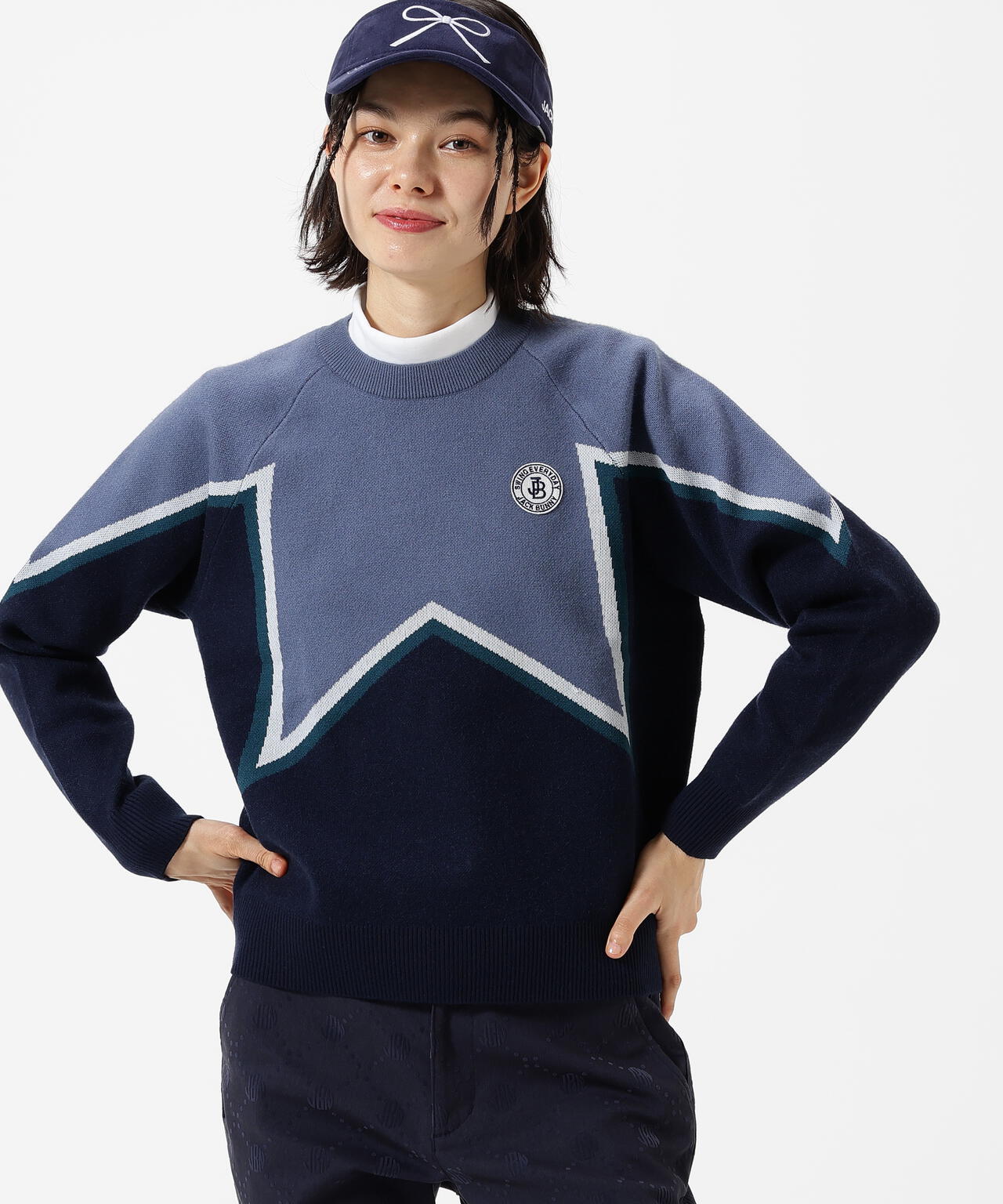 値下げ 新品タグ付き Jack Bunny!! クルーネックセーター 青 5 12Gダブルジャガード クルーネックニットプルオーバー | Jack