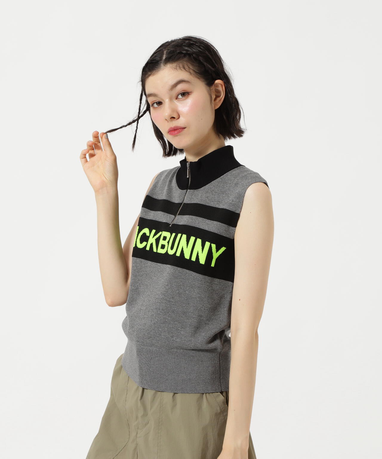 ハーフジップアップノースリーブニットプルオーバー