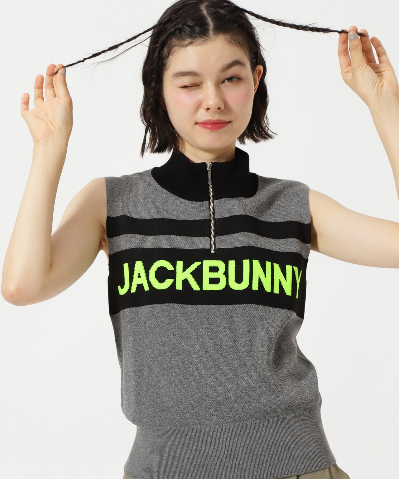 ハーフジップアップノースリーブニットプルオーバー