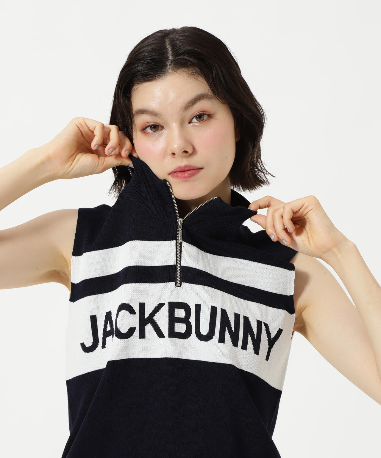 ハーフジップアップノースリーブニットプルオーバー