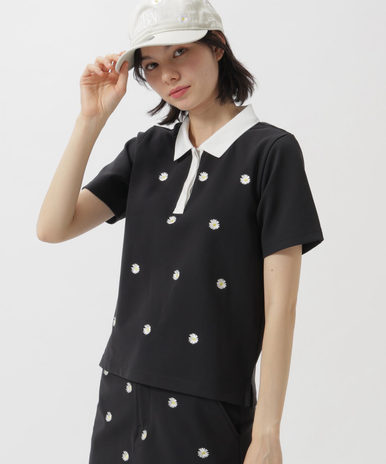 【CINEMA MONOTONE】グリッドストレッチFlower半袖ポロシャツ
