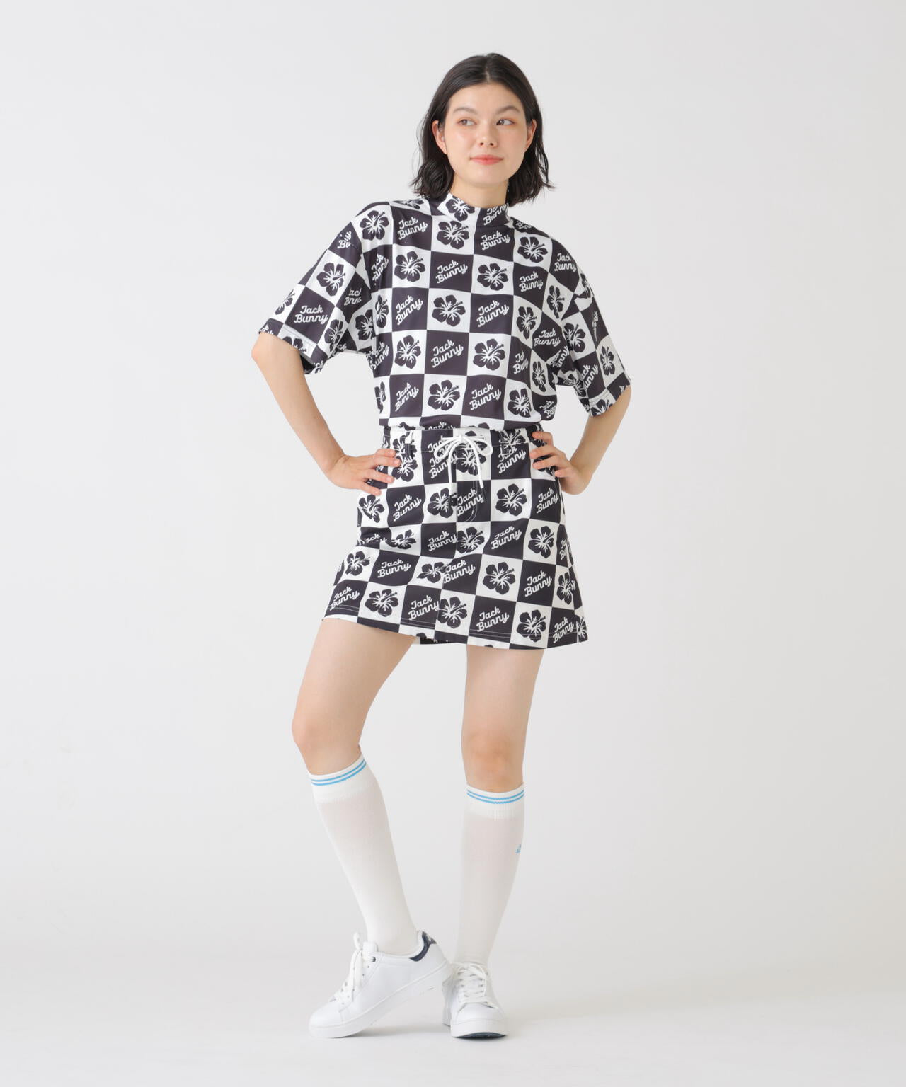 ハイビスカスプリントPEメッシュ半袖モックネックカットソー