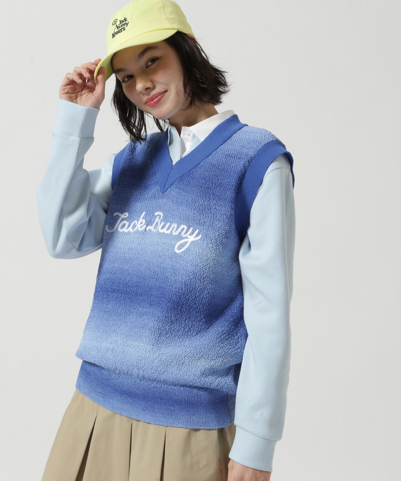 カノコ編みPEVネックニットベストプルオーバー