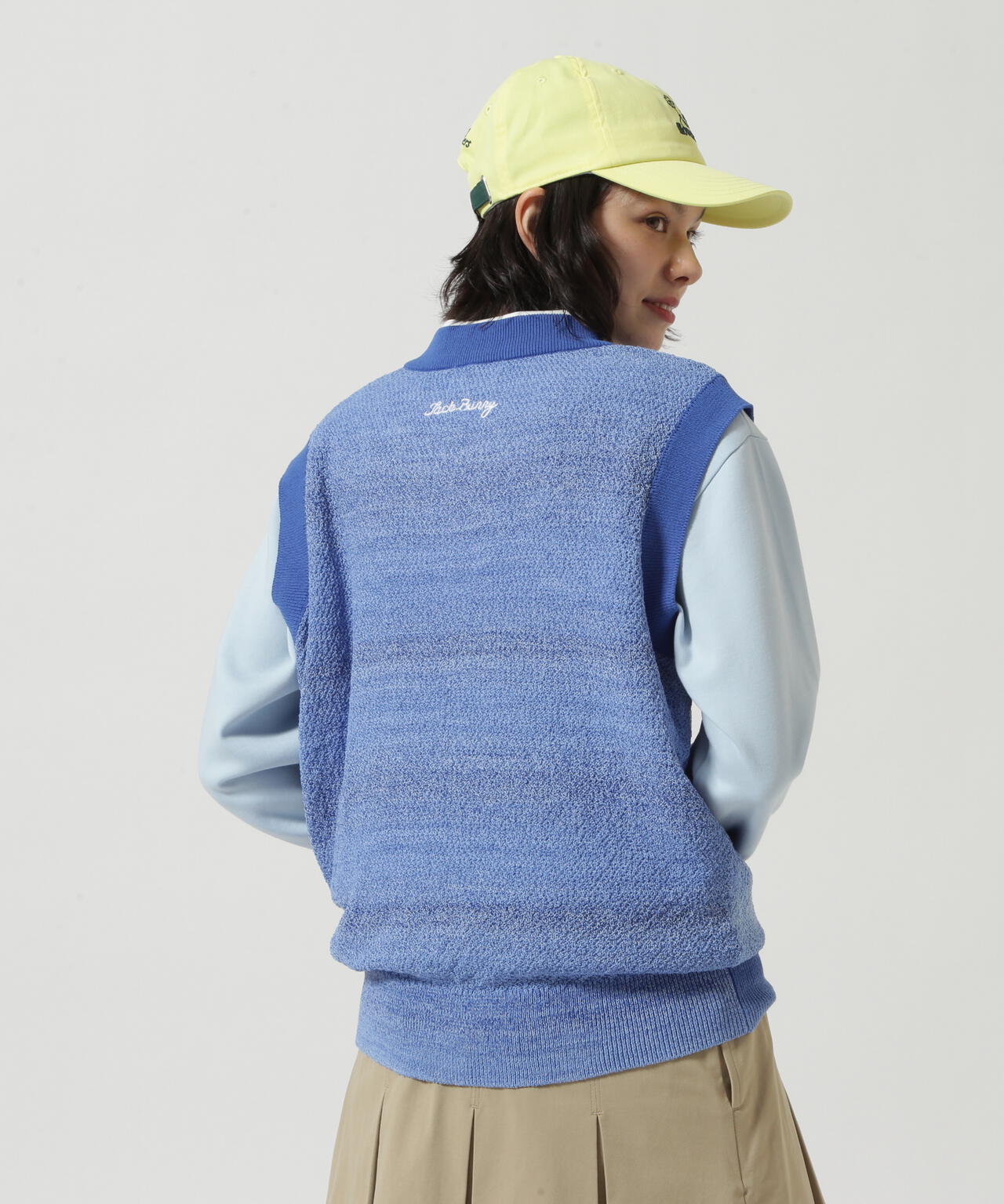 カノコ編みPEVネックニットベストプルオーバー