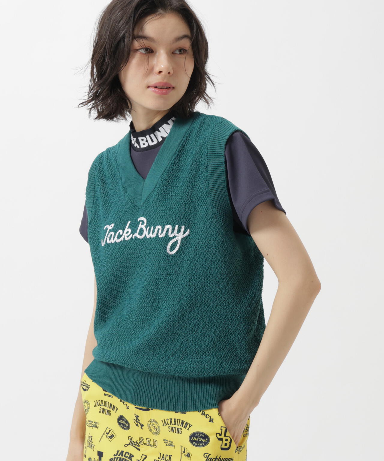 カノコ編みPEVネックニットベストプルオーバー