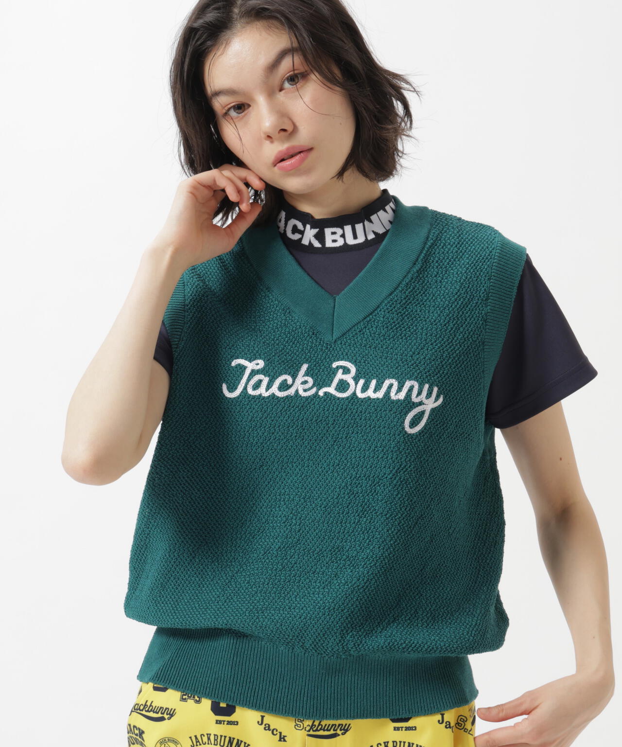 カノコ編みPEVネックニットベストプルオーバー