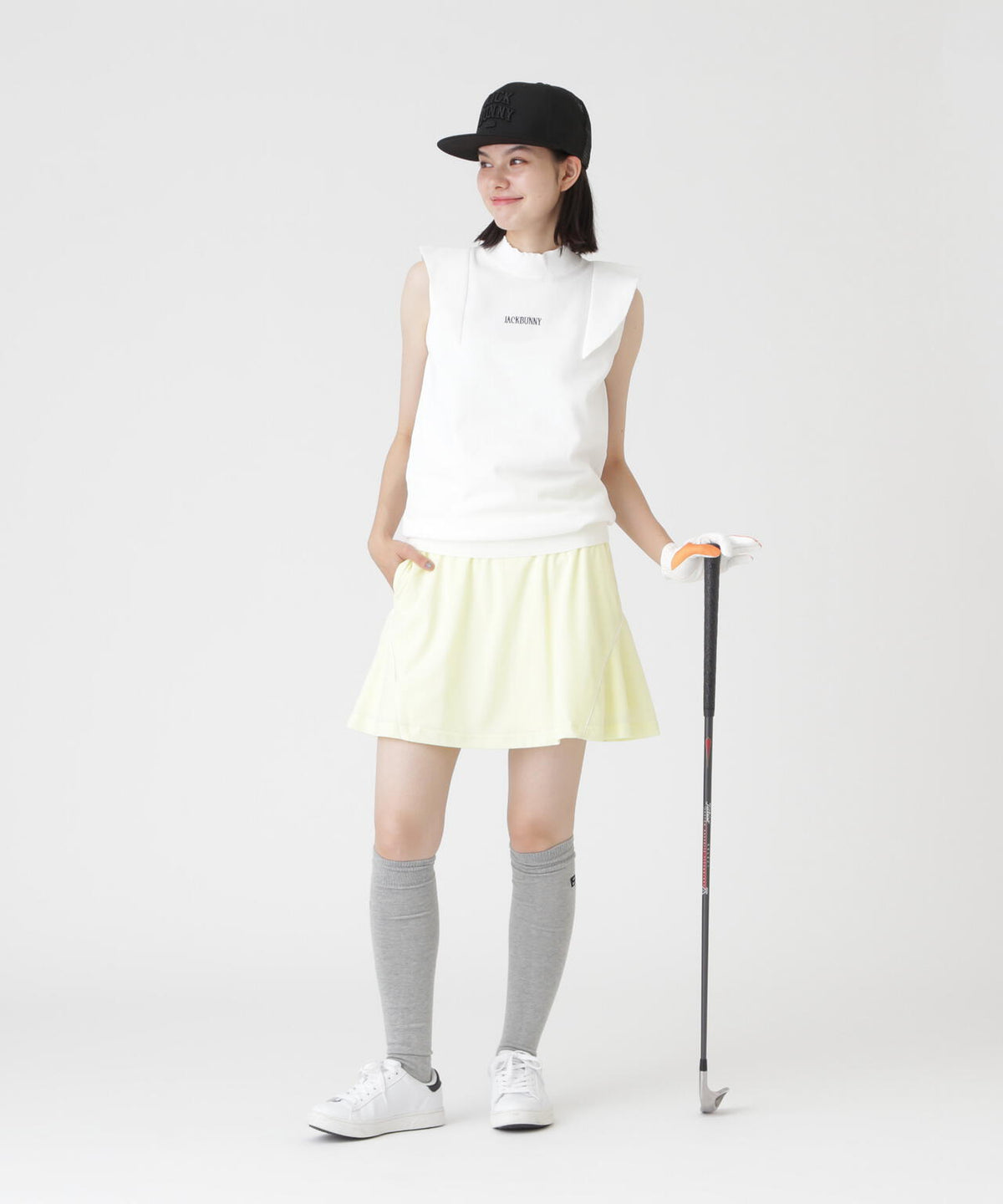 イージーケア フリルスリーブモックネックニット