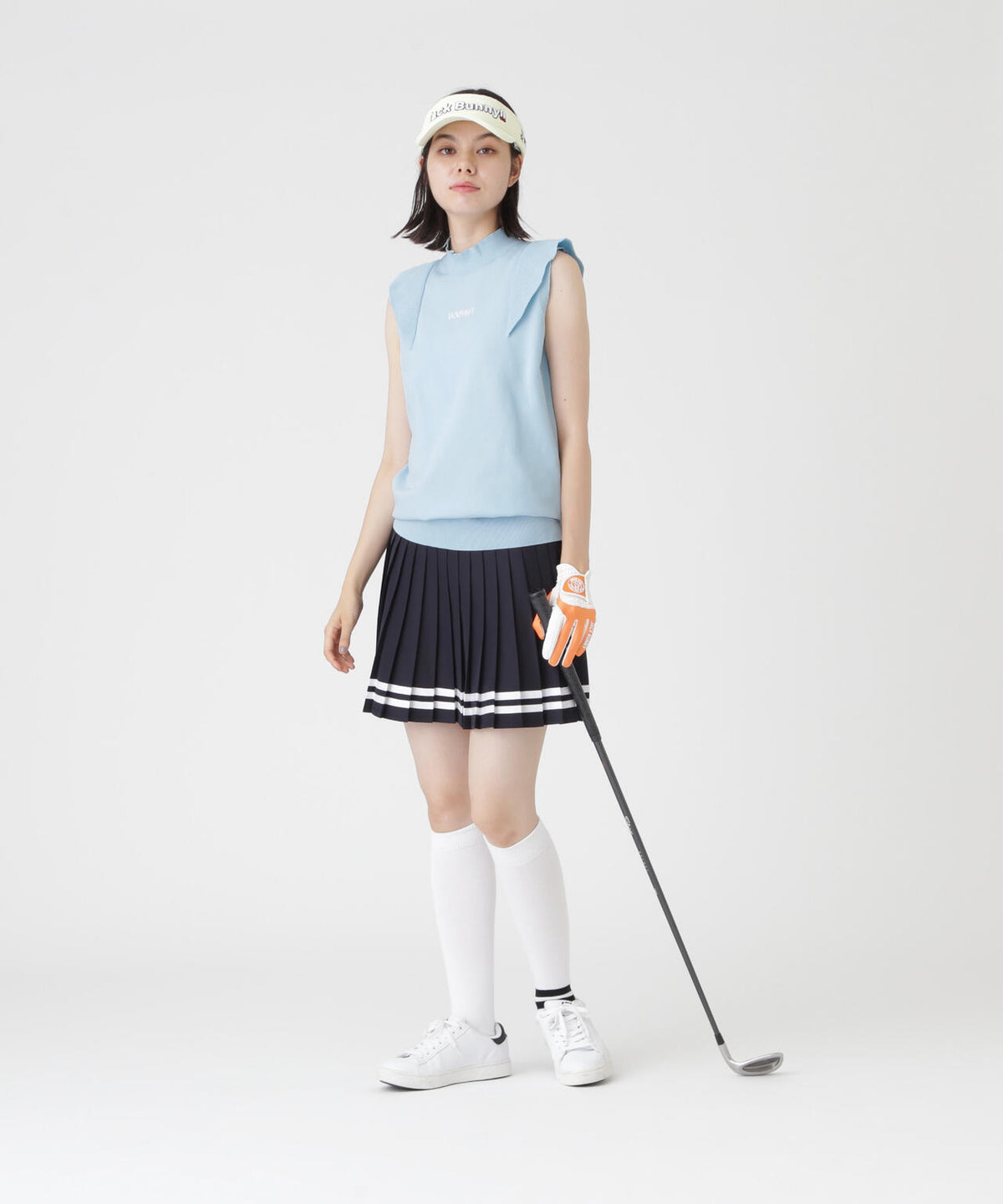 イージーケア フリルスリーブモックネックニット