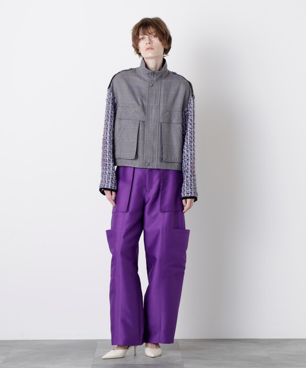 Tweed Sleeve Stand Zip UP JK