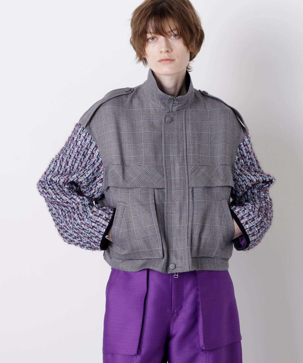 Tweed Sleeve Stand Zip UP JK