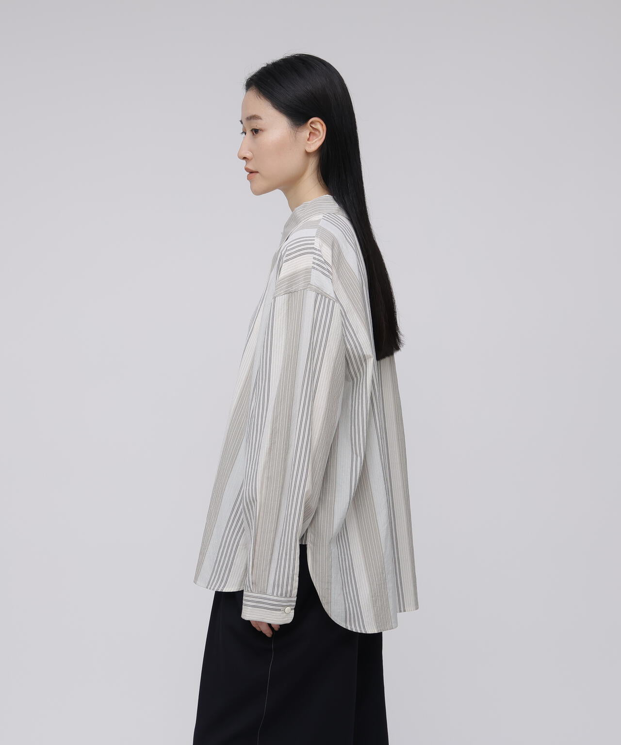 quitan / COTTON SILK 'STRIKE-OFF' STRIPE SMALL COLLAR PULLOVER SHIRT