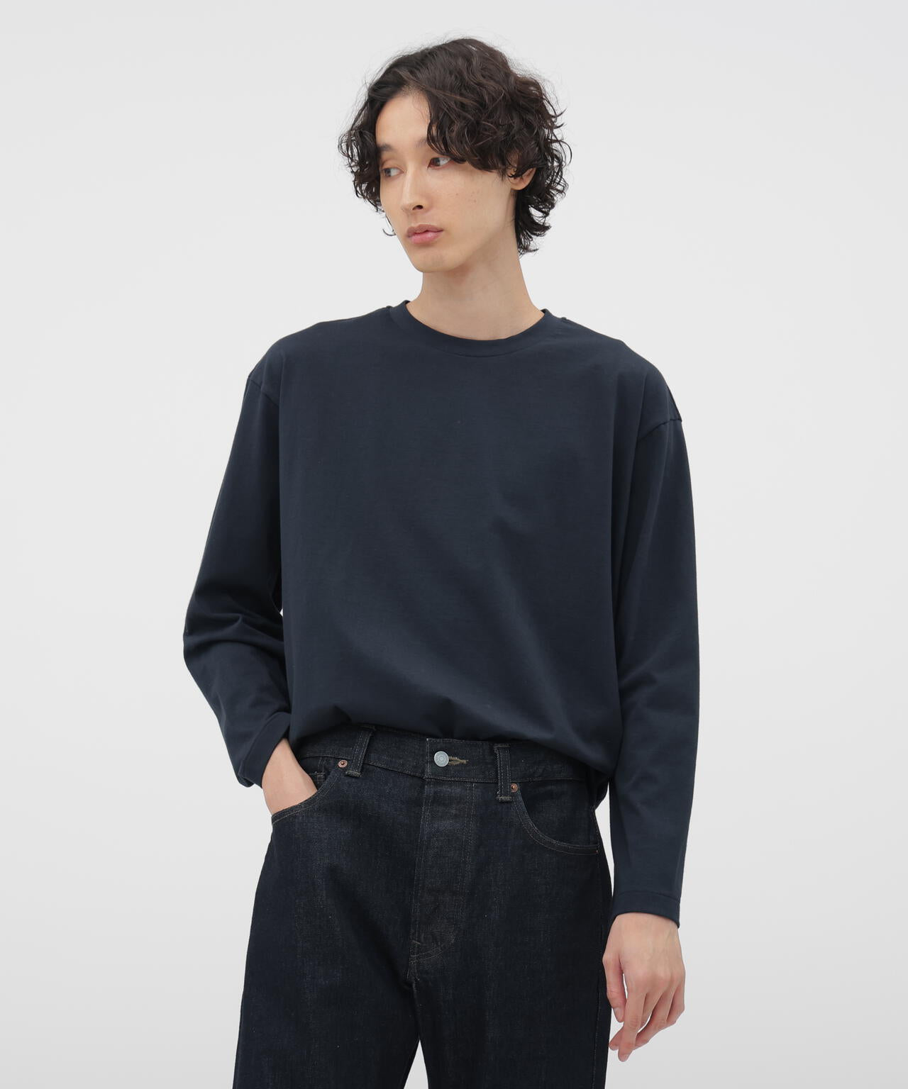 美品 マーガレットハウエル 日本製 大き目 コットン カシミヤ 長袖 シャツ 黒 PLAIN COTTON JERSEY TOP | MARGARET HOWELL（マーガレット・ハウエル