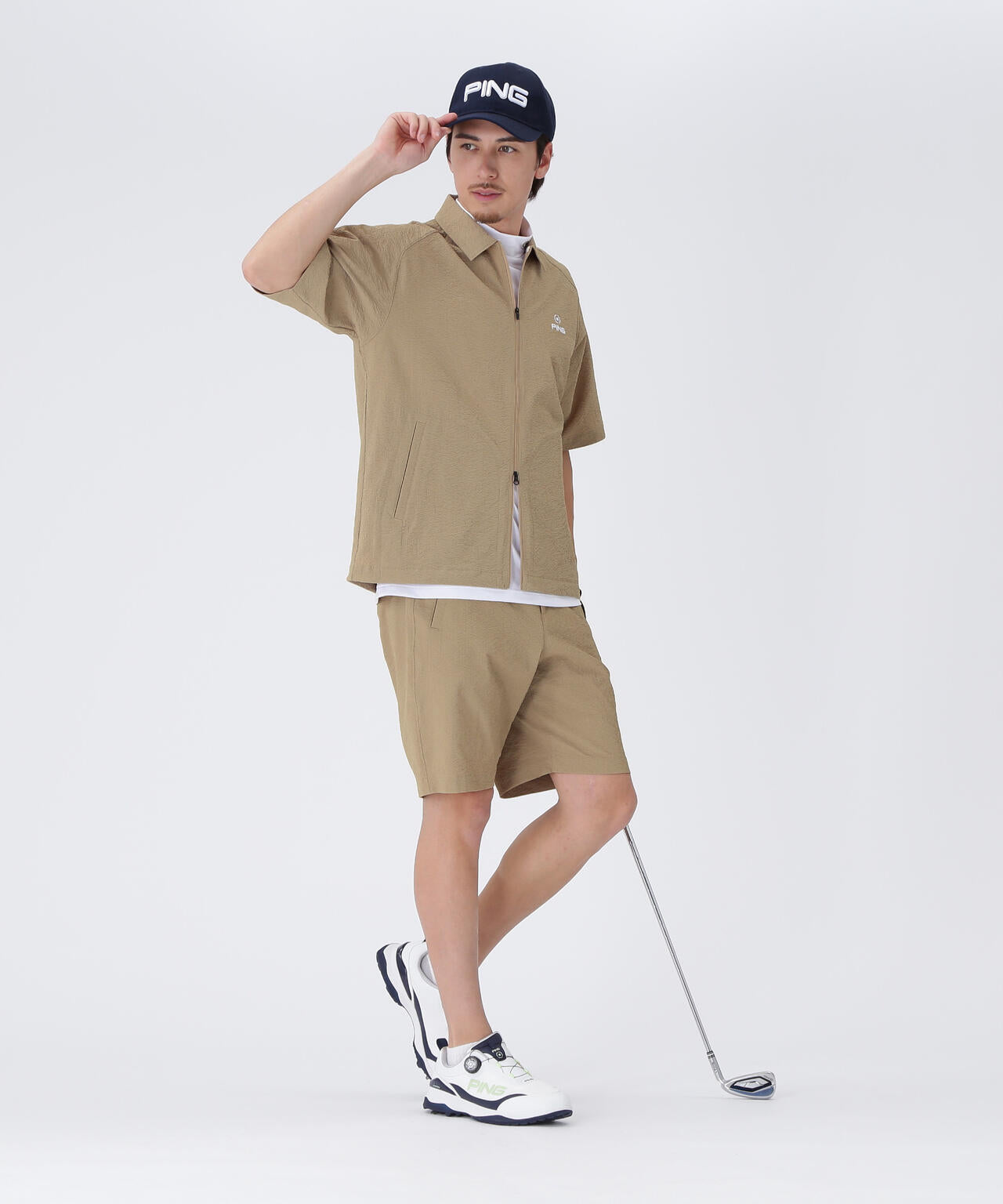 【PING APPAREL】全方向ストレッチサッカー半袖フルジップシャツ <NATIVE> (MENS)