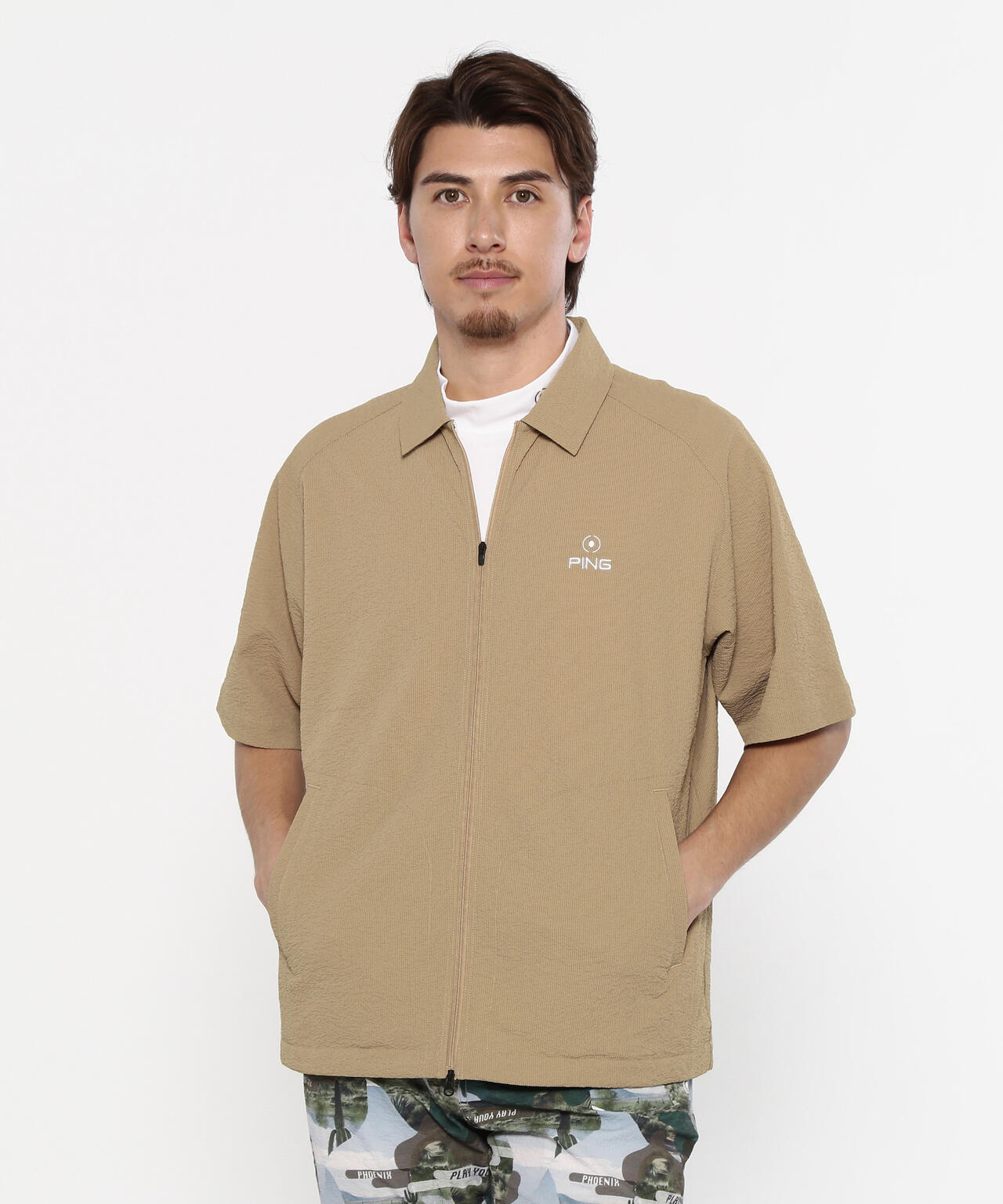 【PING APPAREL】全方向ストレッチサッカー半袖フルジップシャツ <NATIVE> (MENS)