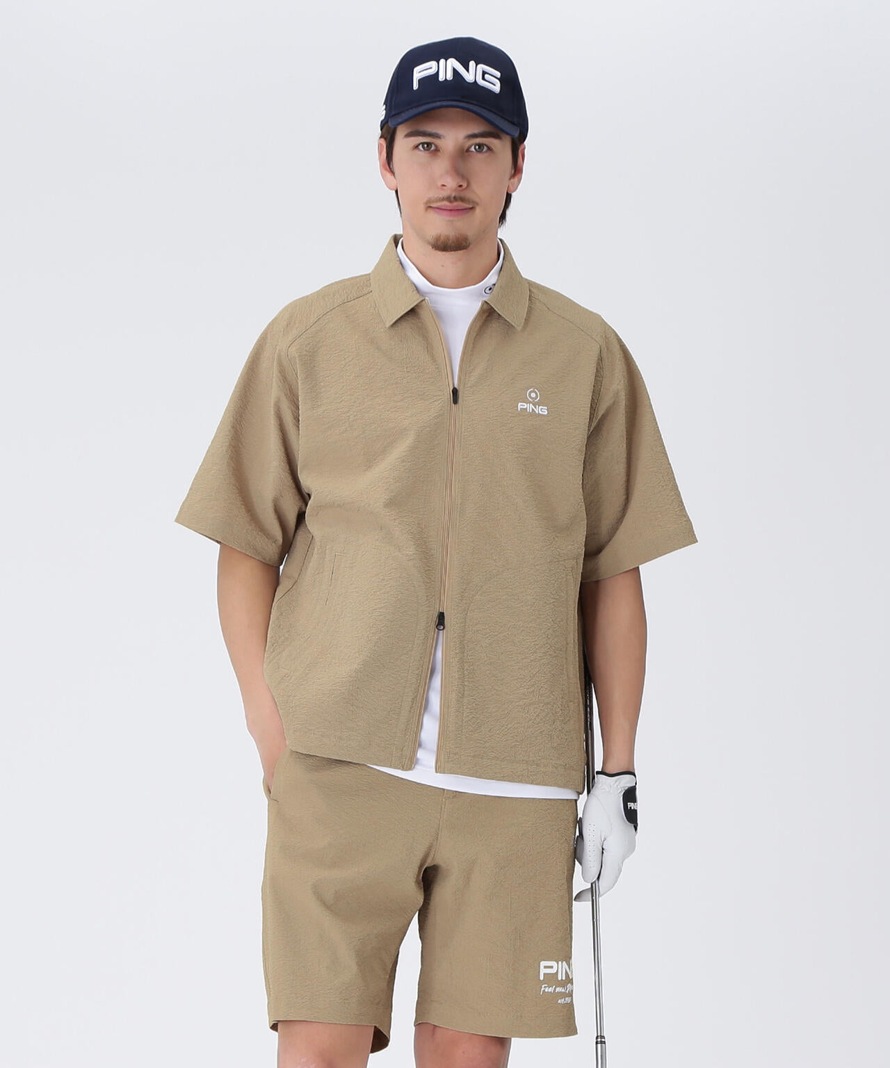 【PING APPAREL】全方向ストレッチサッカー半袖フルジップシャツ <NATIVE> (MENS)