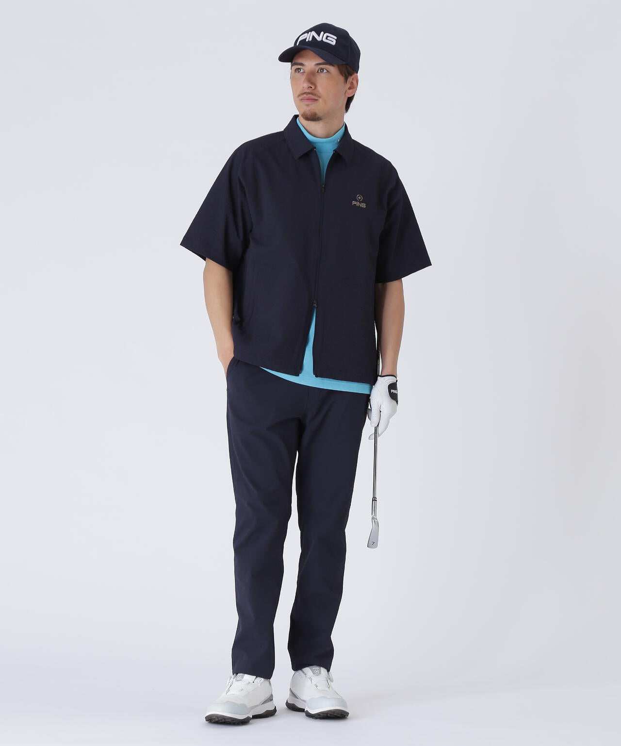 【PING APPAREL】全方向ストレッチサッカー半袖フルジップシャツ <NATIVE> (MENS)