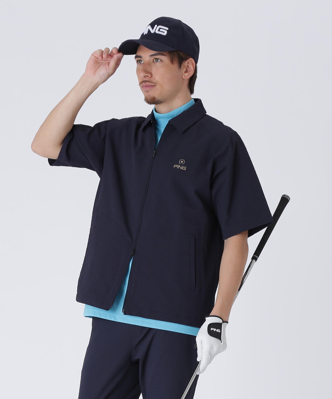 【PING APPAREL】全方向ストレッチサッカー半袖フルジップシャツ <NATIVE> (MENS)
