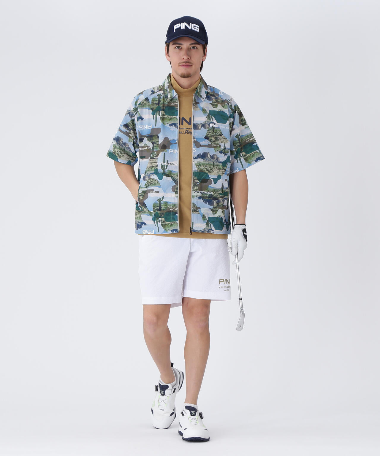 【PING APPAREL】全方向ストレッチサッカー半袖フルジップシャツ <NATIVE> (MENS)