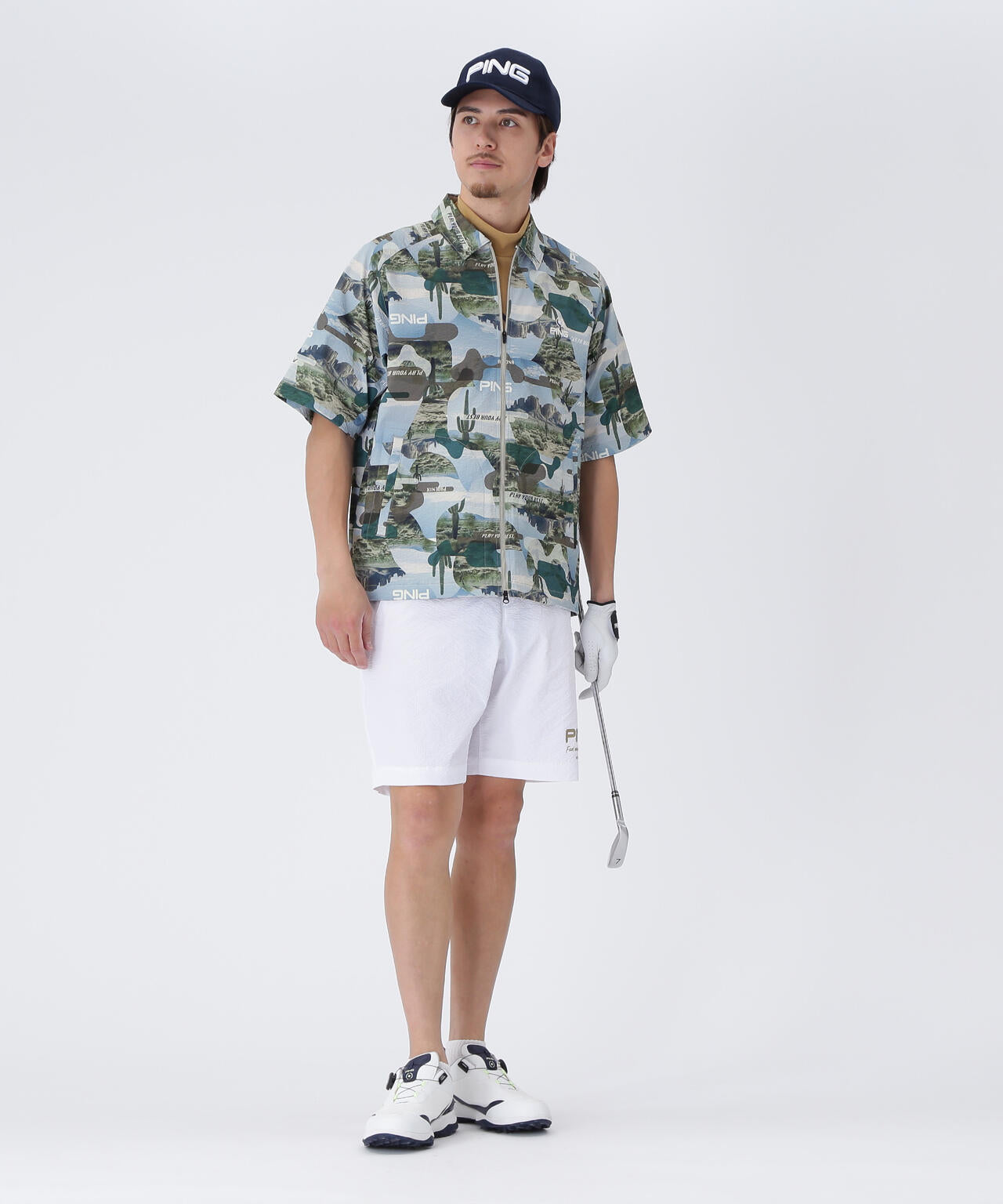 【PING APPAREL】全方向ストレッチサッカー半袖フルジップシャツ <NATIVE> (MENS)