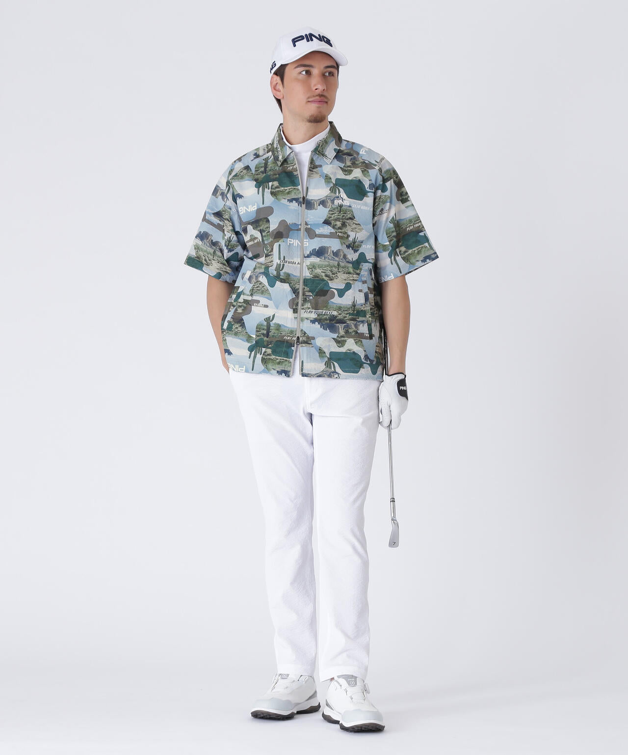 【PING APPAREL】全方向ストレッチサッカー半袖フルジップシャツ <NATIVE> (MENS)