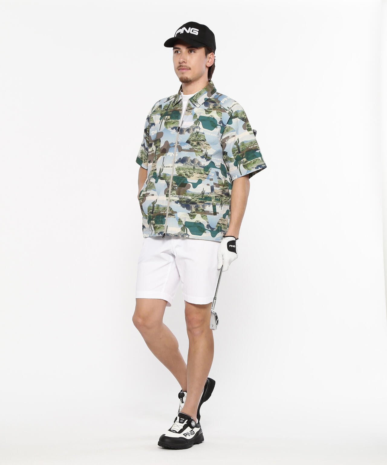 【PING APPAREL】全方向ストレッチサッカー半袖フルジップシャツ <NATIVE> (MENS)