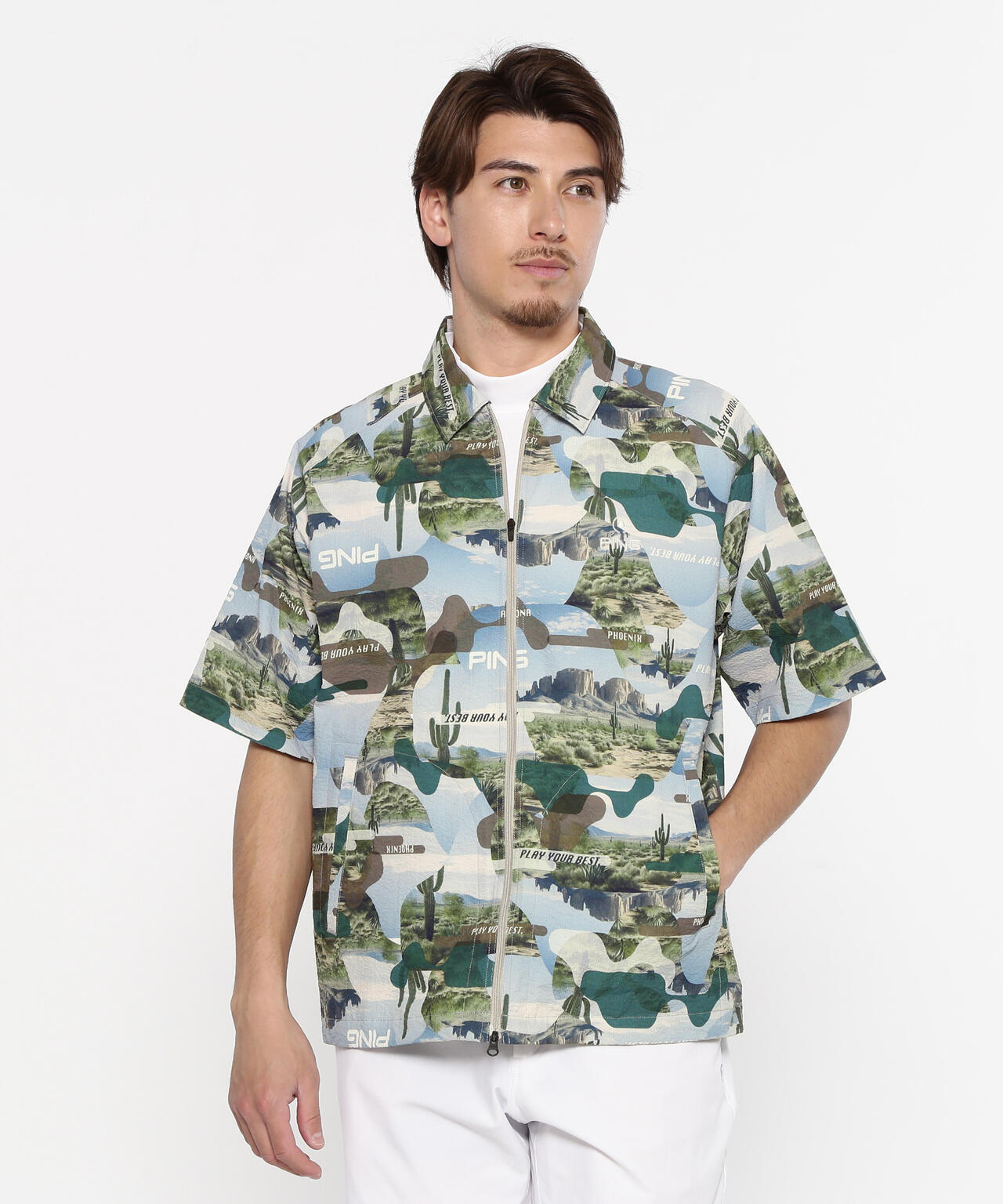 【PING APPAREL】全方向ストレッチサッカー半袖フルジップシャツ <NATIVE> (MENS)
