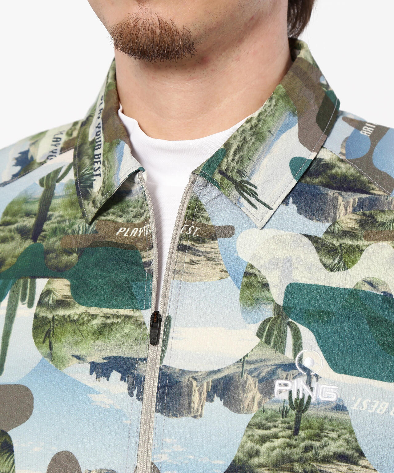 【PING APPAREL】全方向ストレッチサッカー半袖フルジップシャツ <NATIVE> (MENS)