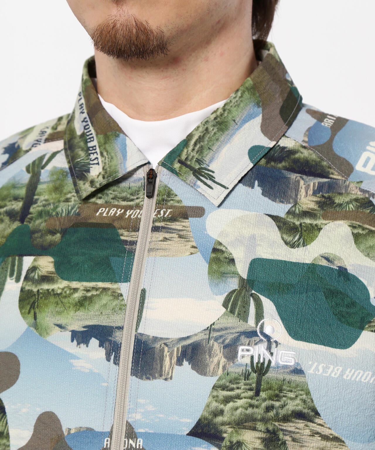 【PING APPAREL】全方向ストレッチサッカー半袖フルジップシャツ <NATIVE> (MENS)