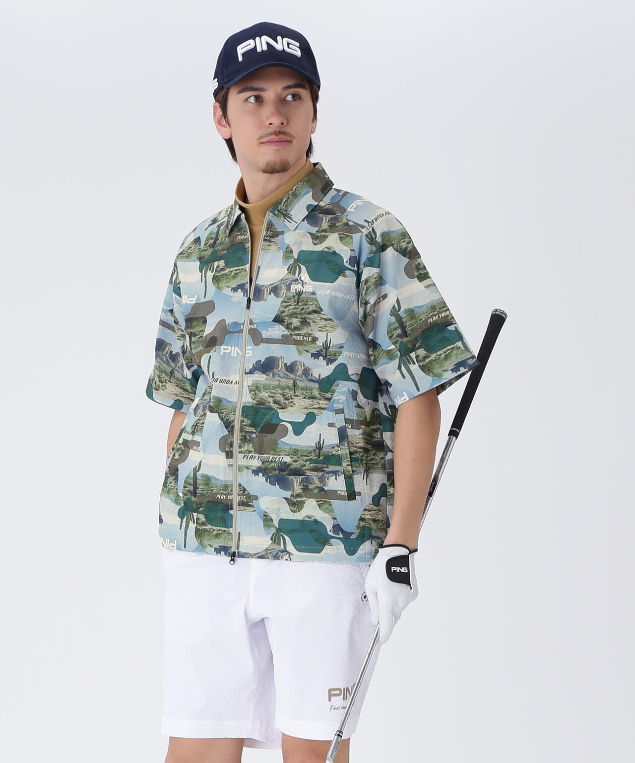 【PING APPAREL】全方向ストレッチサッカー半袖フルジップシャツ <NATIVE> (MENS)