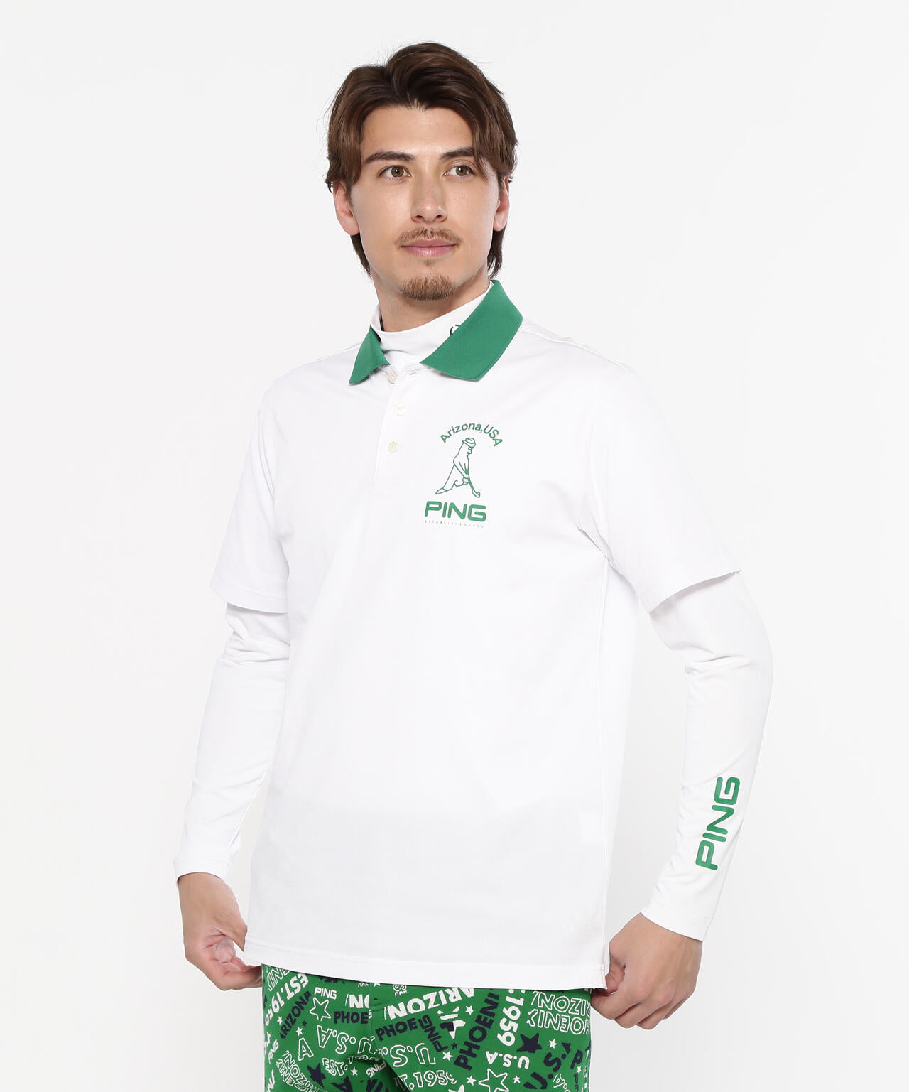 【PING APPAREL】半袖ポロシャツ×天竺長袖ハイネックインナー レイヤードツインセット <NATIVE> (MENS)