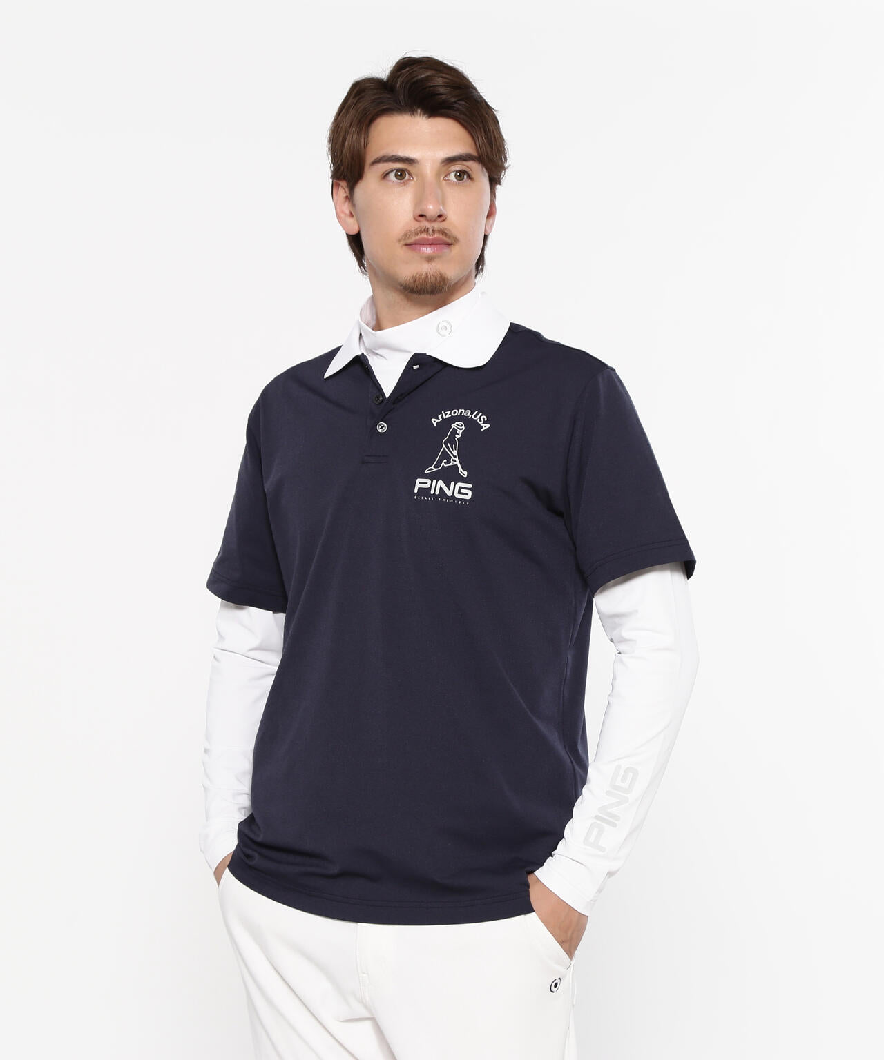 【PING APPAREL】半袖ポロシャツ×天竺長袖ハイネックインナー レイヤードツインセット <NATIVE> (MENS)