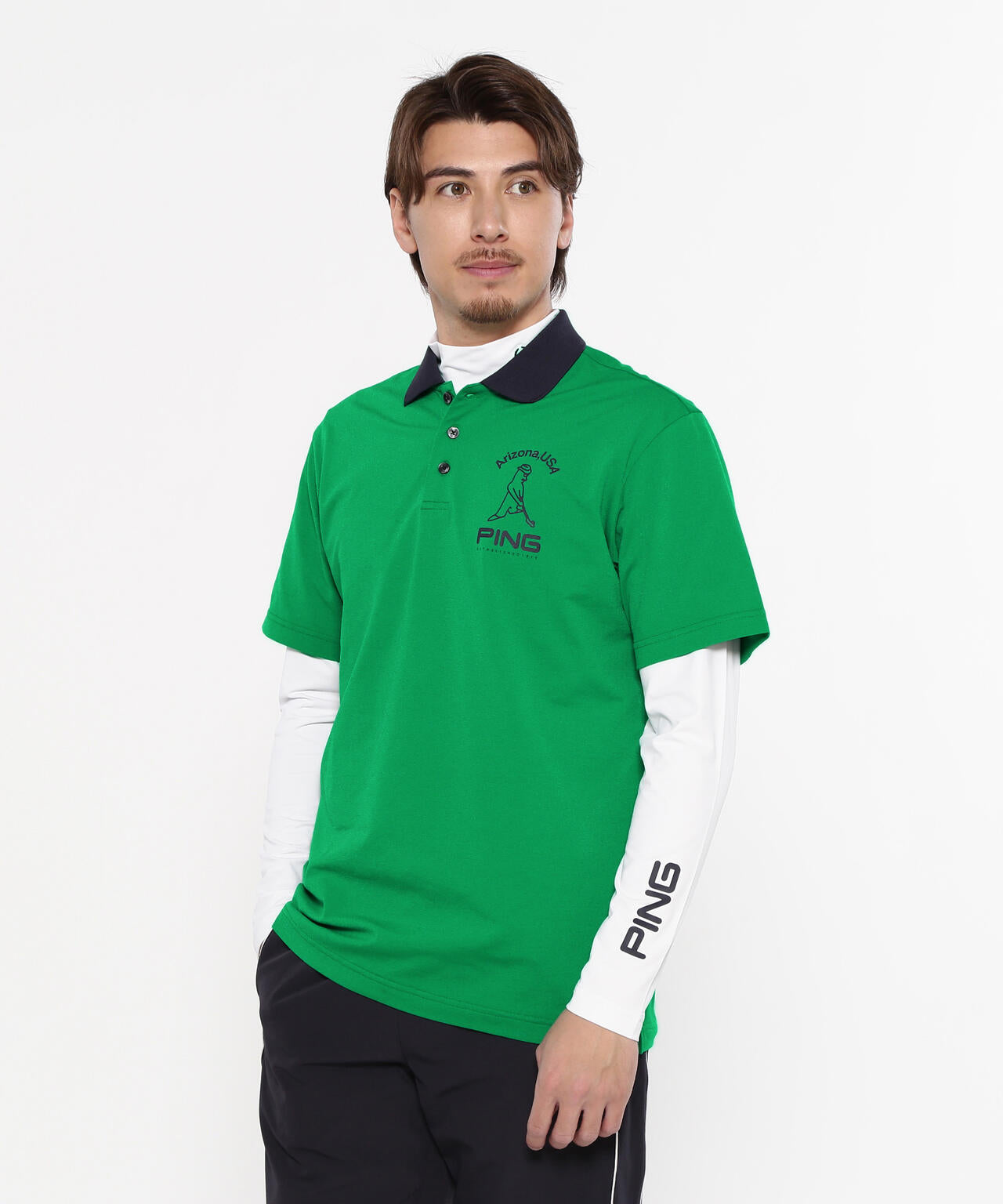 【PING APPAREL】半袖ポロシャツ×天竺長袖ハイネックインナー レイヤードツインセット <NATIVE> (MENS)