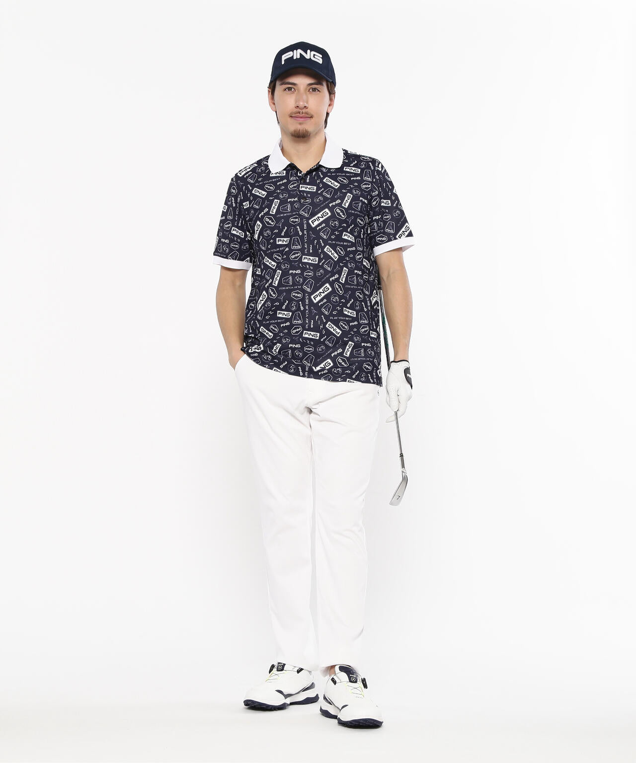 【PING APPAREL】総柄プリント半袖ポロシャツ <NATIVE> (MENS)
