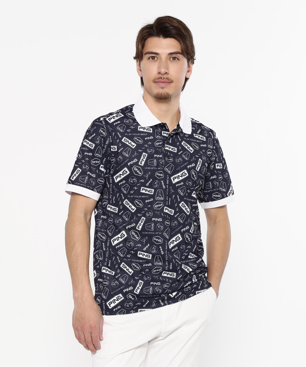 【PING APPAREL】総柄プリント半袖ポロシャツ <NATIVE> (MENS)