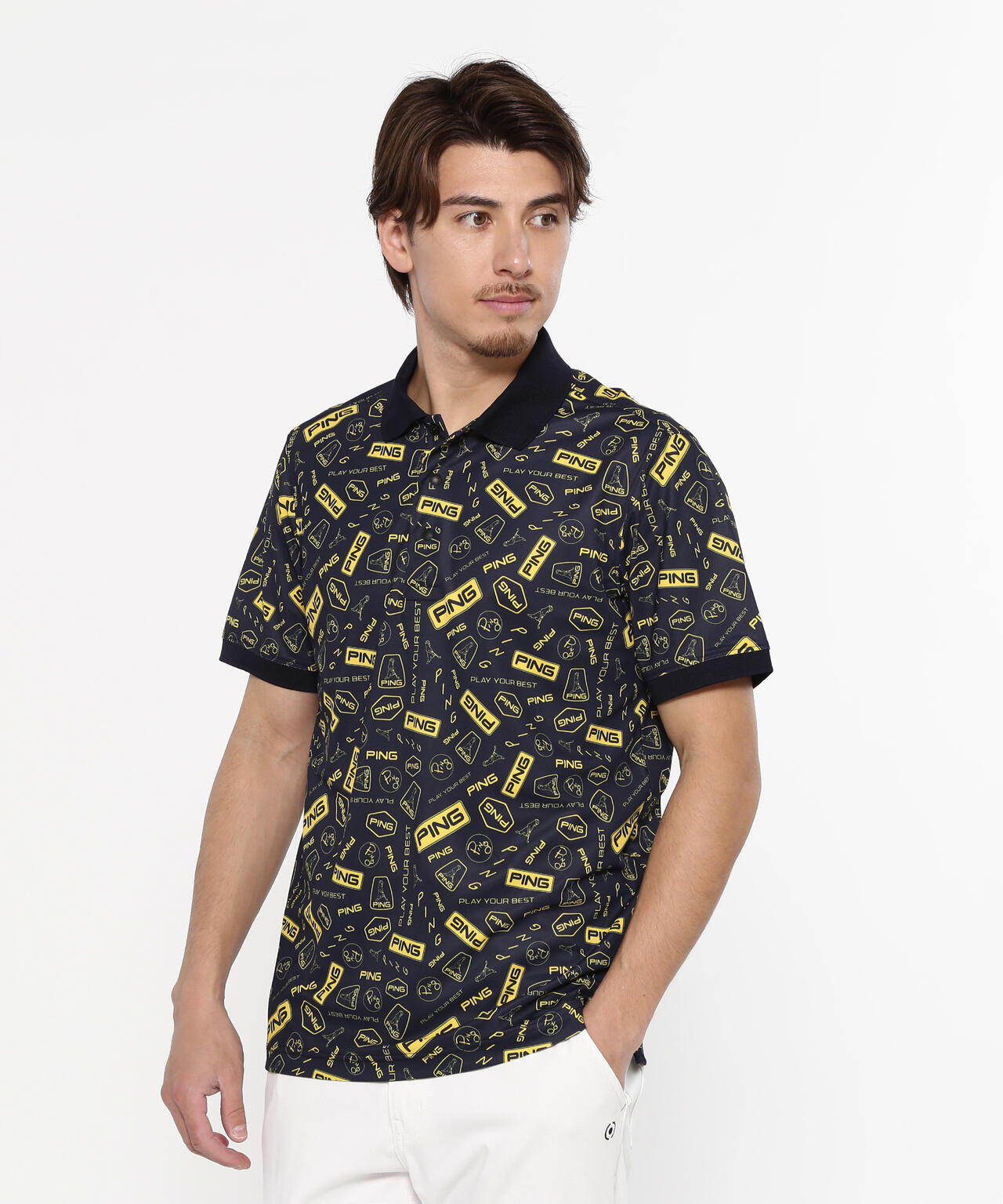 【PING APPAREL】総柄プリント半袖ポロシャツ <NATIVE> (MENS)