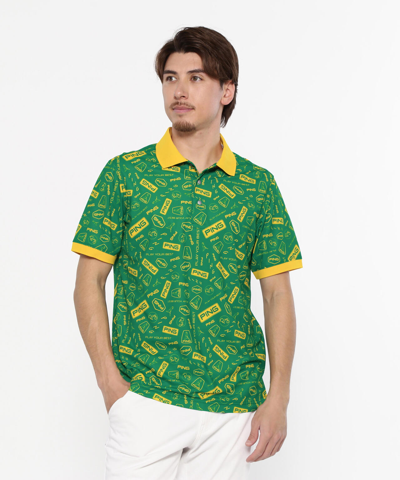 【PING APPAREL】総柄プリント半袖ポロシャツ <NATIVE> (MENS)
