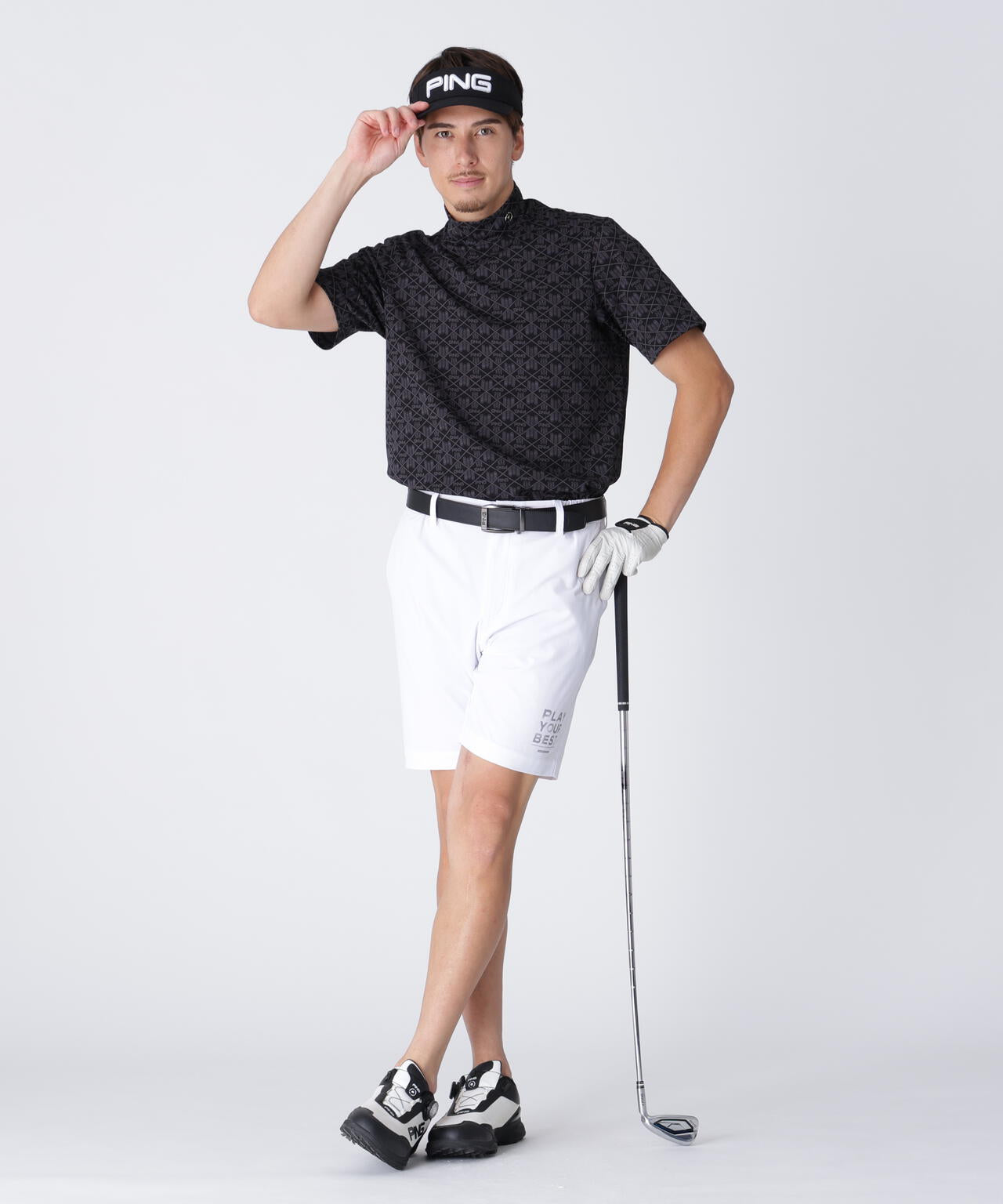 【PING APPAREL】全方向ストレッチフェニックスシティ柄ジャガード半袖ハイネックシャツ <GOLD> (MENS)