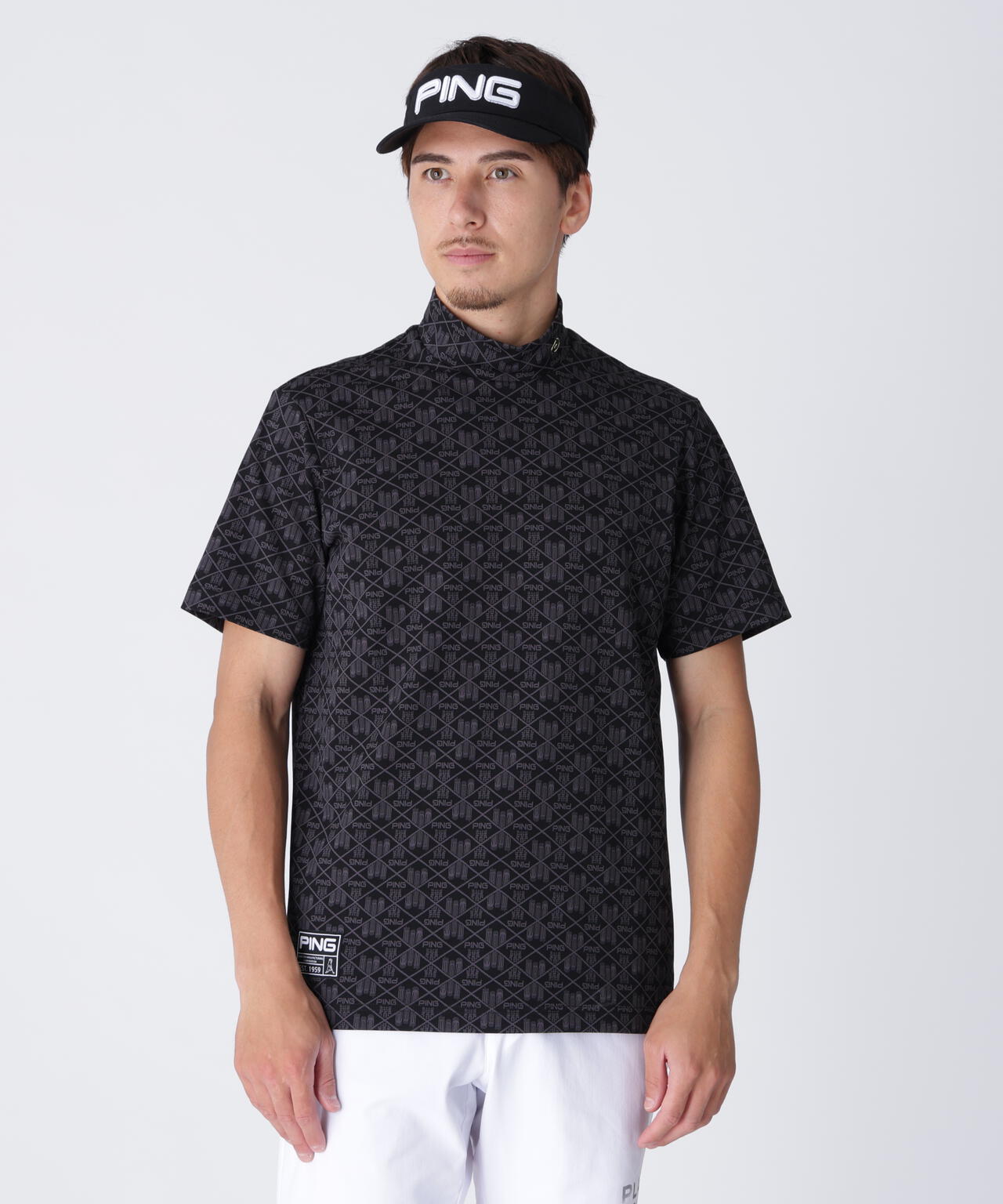 【PING APPAREL】全方向ストレッチフェニックスシティ柄ジャガード半袖ハイネックシャツ <GOLD> (MENS)