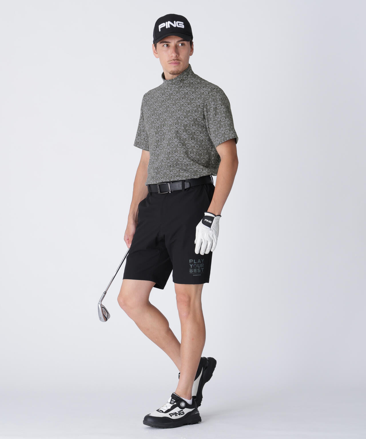 【PING APPAREL】全方向ストレッチフェニックスシティ柄ジャガード半袖ハイネックシャツ <GOLD> (MENS)