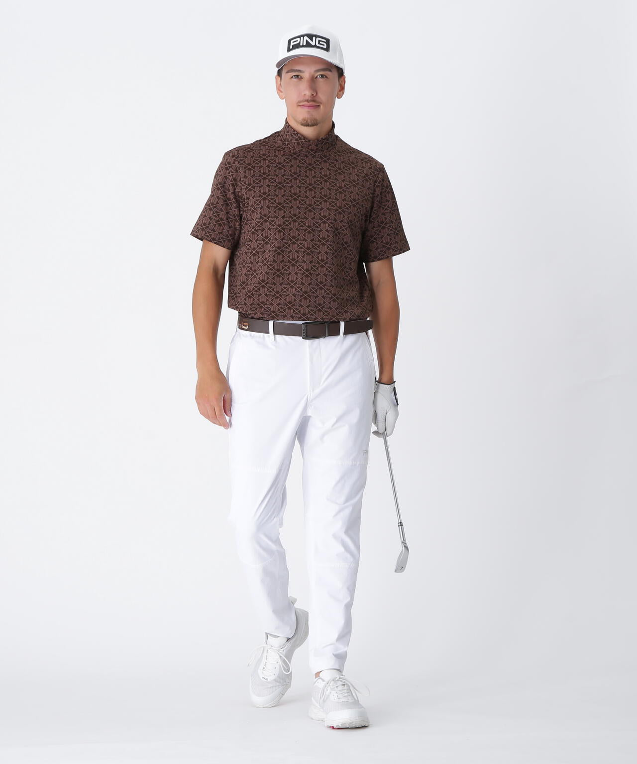 【PING APPAREL】全方向ストレッチフェニックスシティ柄ジャガード半袖ハイネックシャツ <GOLD> (MENS)