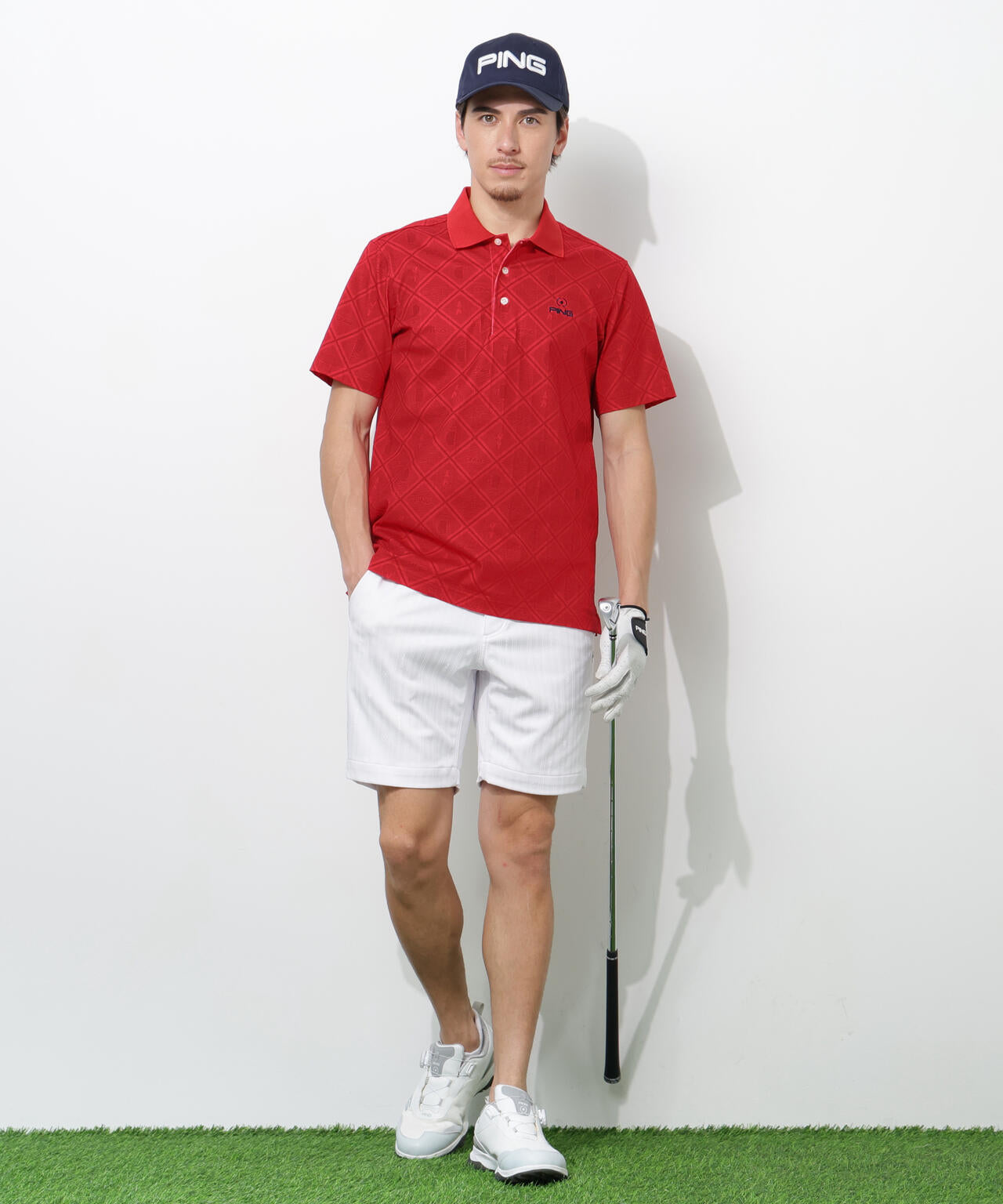 【PING APPAREL】バイアスチェックプリントEPIX変形ストレッチサッカー半袖ポロシャツ <NATIVE> (MENS)