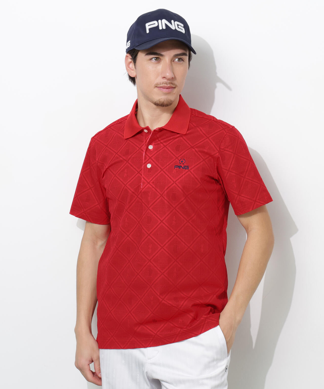 【PING APPAREL】バイアスチェックプリントEPIX変形ストレッチサッカー半袖ポロシャツ <NATIVE> (MENS)
