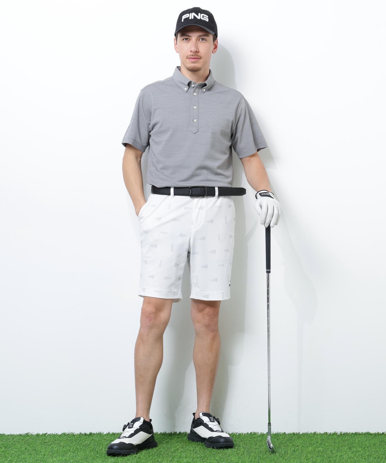 【PING APPAREL】Mr.PINGエンボスカノコ レイブロック半袖ボタンダウンシャツ <NAITVE> (MENS)