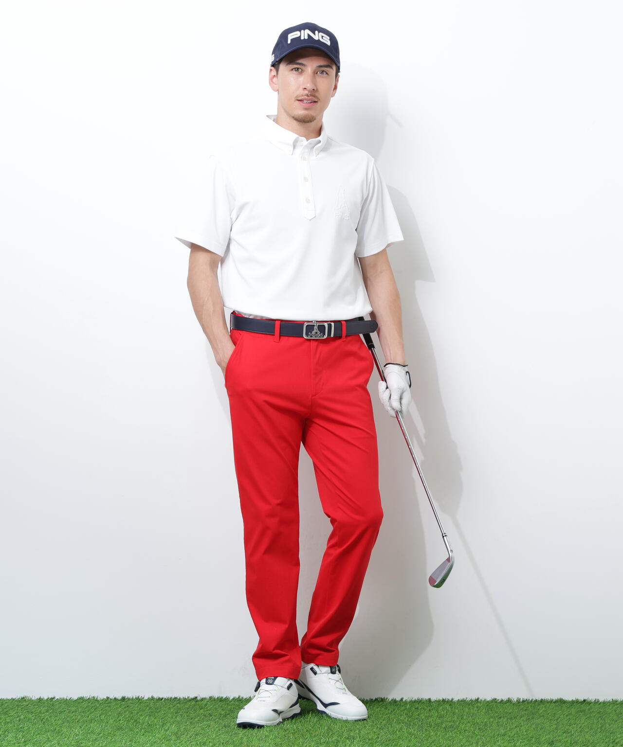【PING APPAREL】Mr.PINGエンボスカノコ レイブロック半袖ボタンダウンシャツ <NAITVE> (MENS)