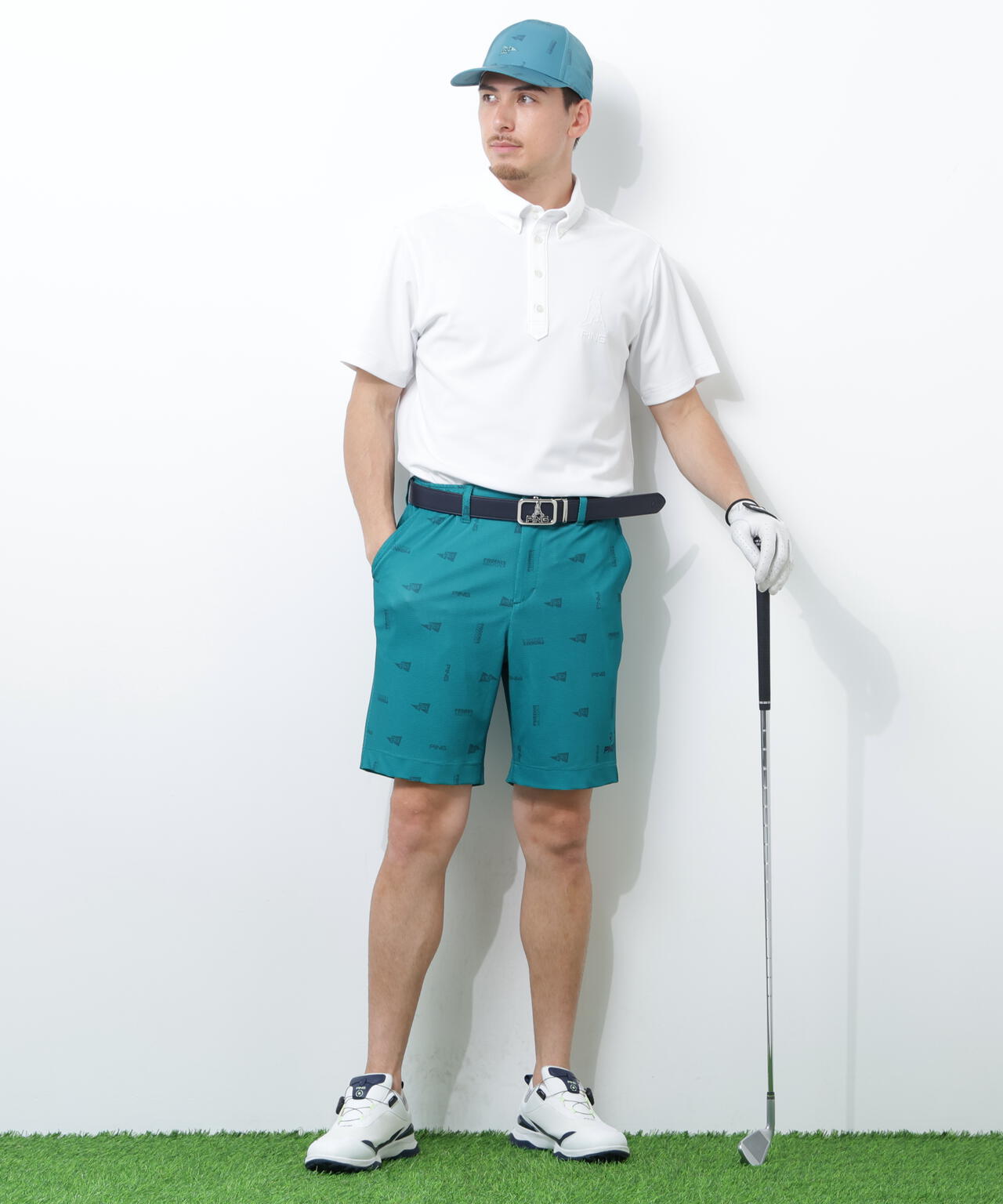 【PING APPAREL】Mr.PINGエンボスカノコ レイブロック半袖ボタンダウンシャツ <NAITVE> (MENS)