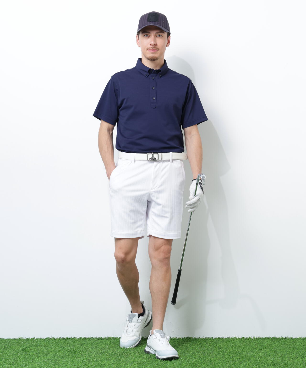 【PING APPAREL】Mr.PINGエンボスカノコ レイブロック半袖ボタンダウンシャツ <NAITVE> (MENS)